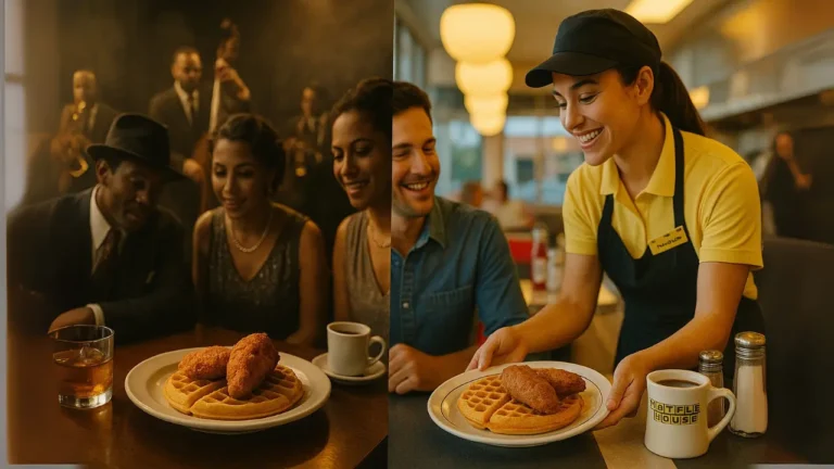 Two images of diners enjoying meals of chicken and waffles at waffle house restaurant, showcasing a lively dining atmosphere