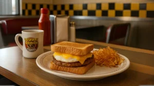 A plate with a delicious waffle house breakfast sandwich and a side of French fries