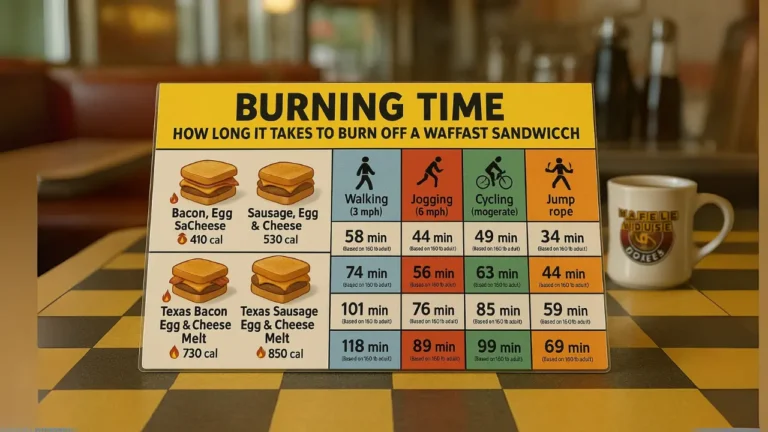 A table displaying a sign that reads "Burning Time of waffle house breakfast sandwiches