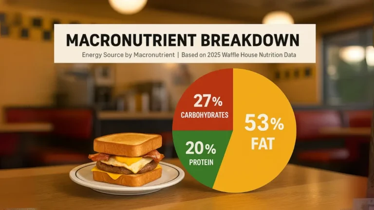 Macronutrient breakdown chart illustrating the protein, fat, and carbohydrate content of a waffle house breakfast sandwich