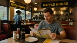A man focused on a waffle house french toast menu while seated at a Waffle House, surrounded by a casual dining atmosphere.