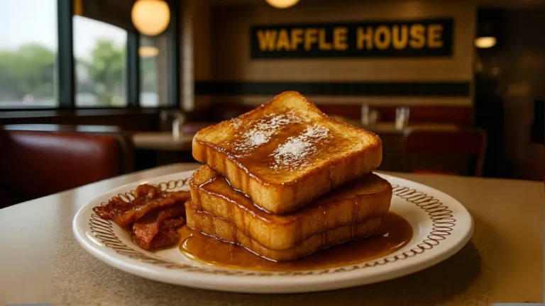 A delicious stack of waffle house French toast with syrup, paired with crispy bacon, presented on a round plate.