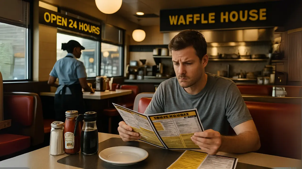 A man focused on a waffle house french toast menu while seated at a Waffle House, surrounded by a casual dining atmosphere.