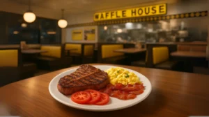 A delicious waffle house keto meal on a plate at a Waffle House, displayed on a table in a bustling restaurant environment.