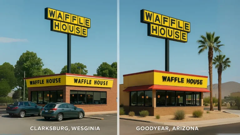 Two views of a Waffle House restaurant featuring cars parked in front, highlighting its popular dining waffle house map locations.