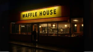 A Waffle House restaurant at night, with glowing signage and a cozy ambiance inviting late-night diners of waffle house milkshakes