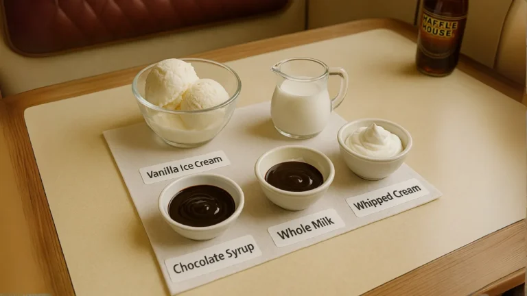 A table set with a bowl of ice cream, chocolate sauce, and whipped cream, ready for a delicious treat of waffle house milkshakes.