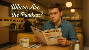A person looking confused at an empty plate, searching for the waffle house pancakes menu that are not present.
