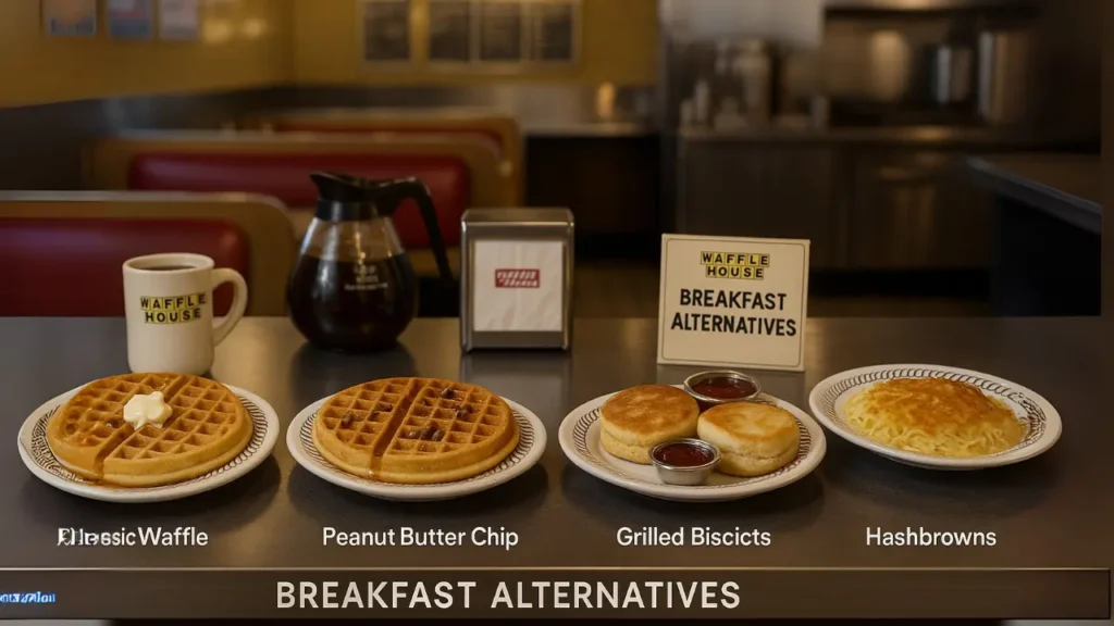 Breakfast alternatives menu featuring various dishes at a diner, including pancakes, omelets, and fruit options