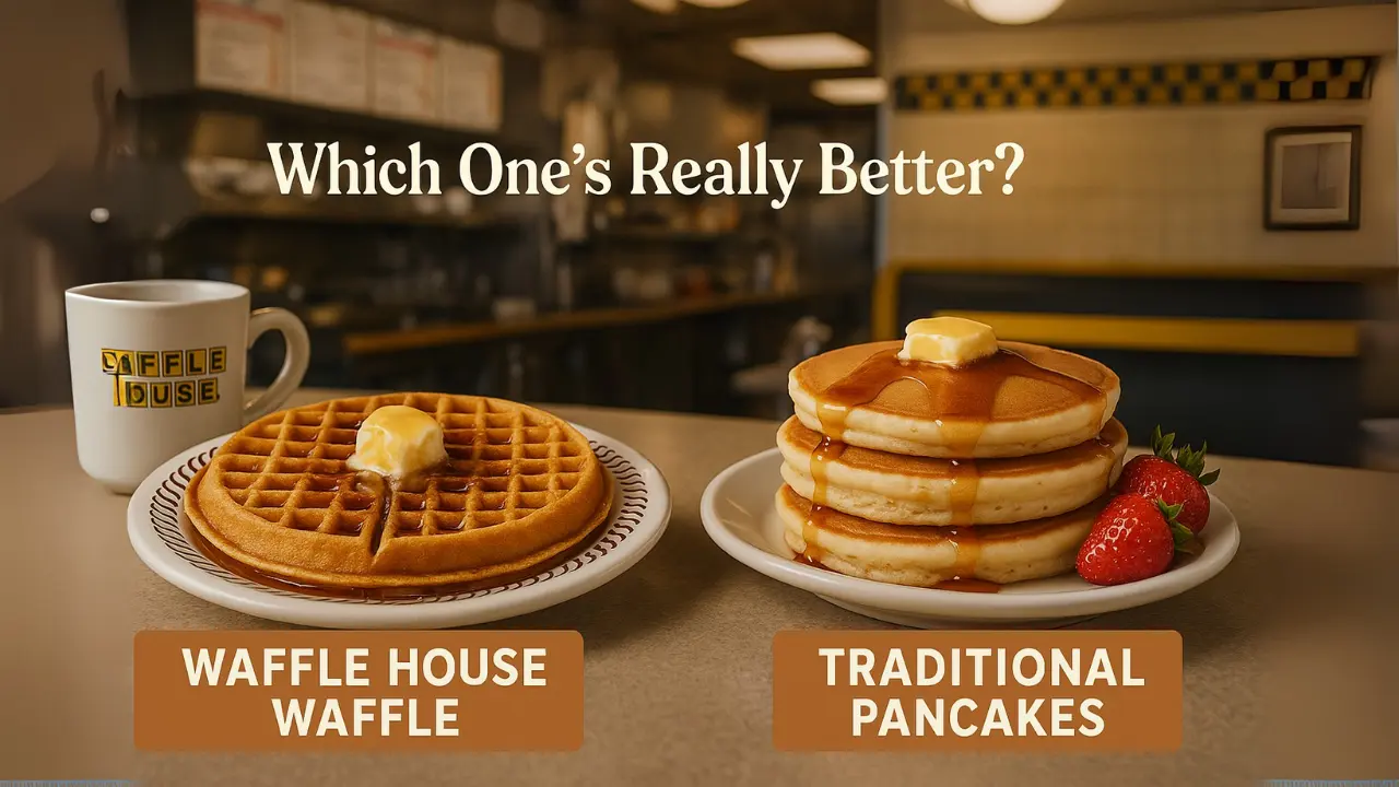 Two plates of pancakes, one from Waffle House, prompting a debate on which pancake is better.