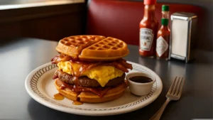 A large waffle house waffle sandwich filled with crispy bacon and scrambled eggs, served on a wooden plate.