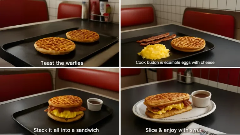 A collage of four pictures featuring waffles, eggs, and bacon, highlighting a hearty breakfast spread from the waffle house waffle sandwich