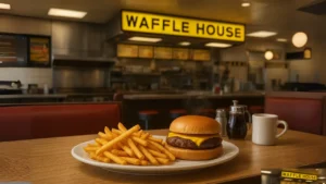 Does the waffle house have fries.A delicious Waffle House burger and a side of fries are arranged on a table, highlighting a classic diner meal.