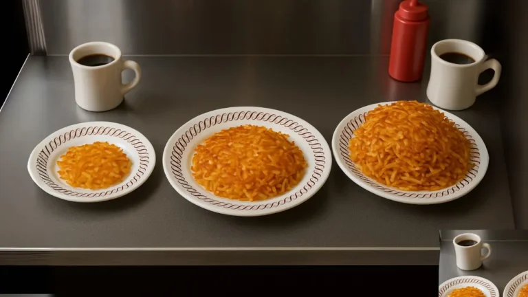 Does the waffle house have fries? Three plates of food arranged on a counter beside a steaming cup of coffee.