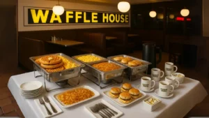 A spread of a Waffle House catering menu buffet featuring waffles, eggs, bacon, and various toppings on a serving table.