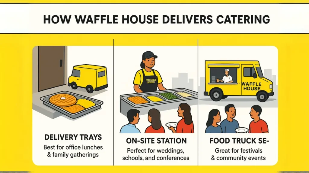 Waffle House catering menu delivery setup, showcasing food trays and staff preparing for an event