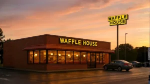 How Tall is the average waffle house Building? A Waffle House restaurant silhouetted against a vibrant sunset sky, showcasing its iconic yellow signage and structure.