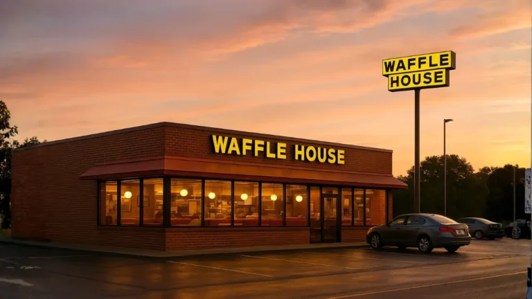 How Tall is the average waffle house Building? A Waffle House restaurant silhouetted against a vibrant sunset sky, showcasing its iconic yellow signage and structure.