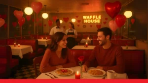 A couple sits at a table in a restaurant, celebrating waffle house Valentine's Day menu with balloons and hearts around them.