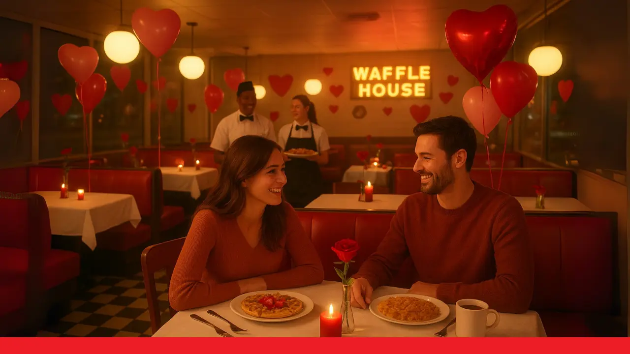 A couple sits at a table in a restaurant, celebrating waffle house Valentine's Day menu with balloons and hearts around them.
