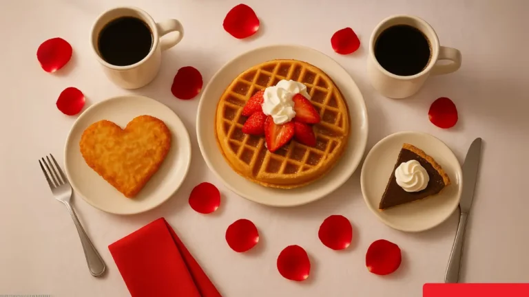 Waffle House Valentine's Day menu similar breakfast with heart-themed dishes and a warm, inviting atmosphere for couples.
