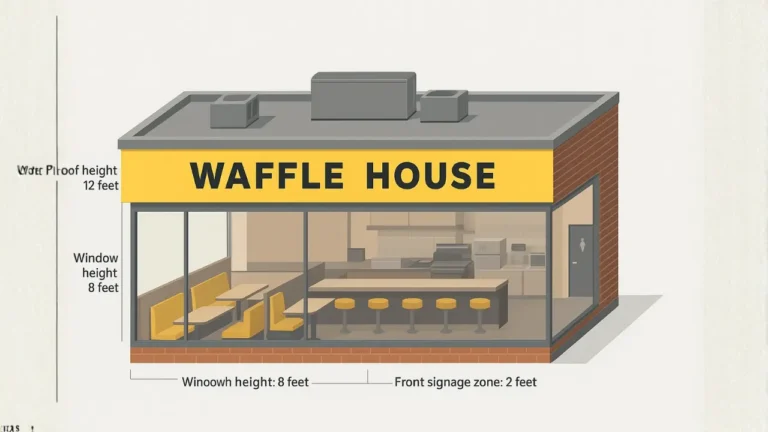 A visual representation of a Waffle House, highlighting its iconic design and welcoming atmosphere. Also tell us how tall is the average waffle house building,