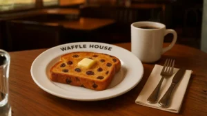 A Waffle House breakfast scene showcasing fluffy waffles alongside a slice of Waffle house raisin toast on a classic diner plate.