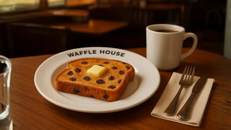 A Waffle House breakfast scene showcasing fluffy waffles alongside a slice of Waffle house raisin toast on a classic diner plate.