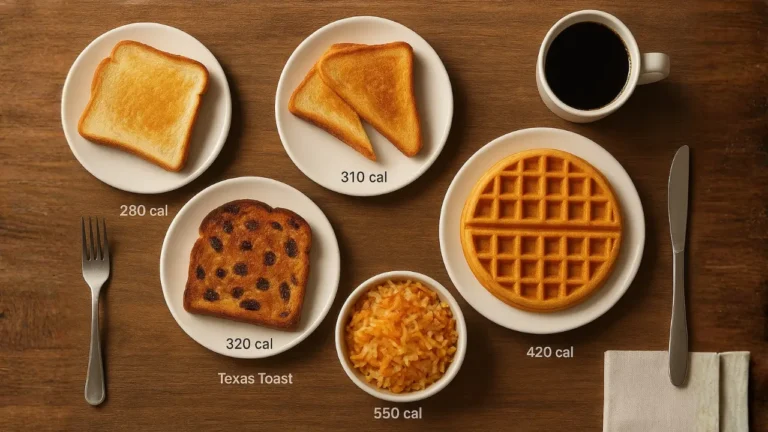 A table set with four plates featuring waffles, Waffle House raisin toast, and bowls of cereal.