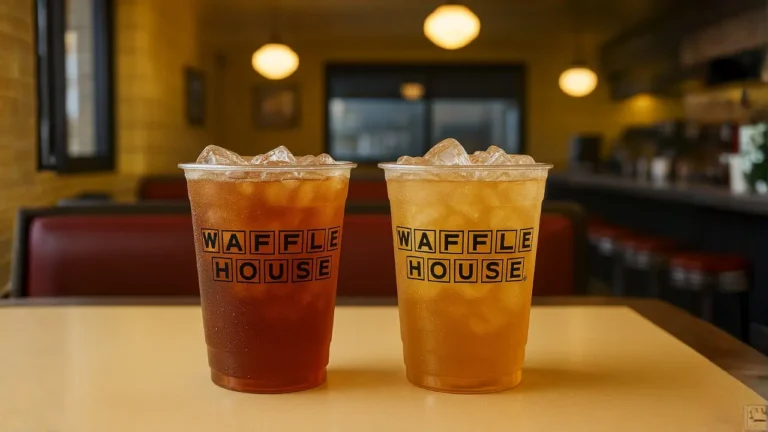 A table displays two drinks and a sign that says "Muffle House," highlighting Waffle House and Alice’s Tea Cup.