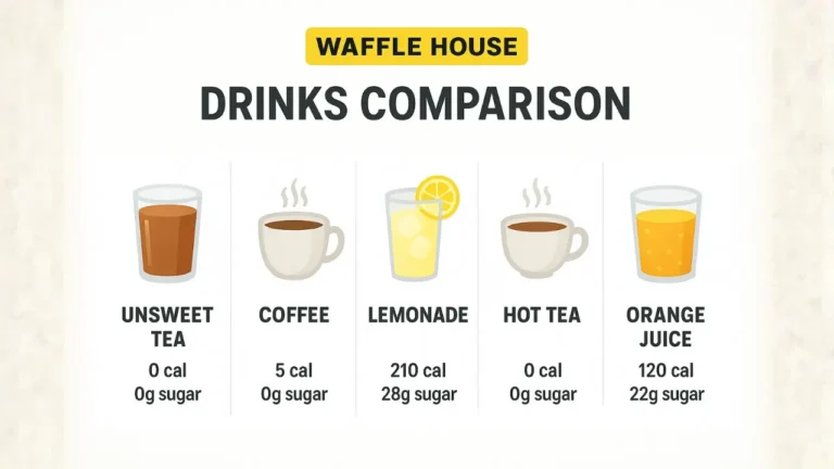 A colorful poster displaying different beverages offered at Waffle House, highlighting Alice’s Tea Cup.