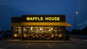 Waffle House Round Rock at night, featuring inviting yellow lights against the dark sky.
